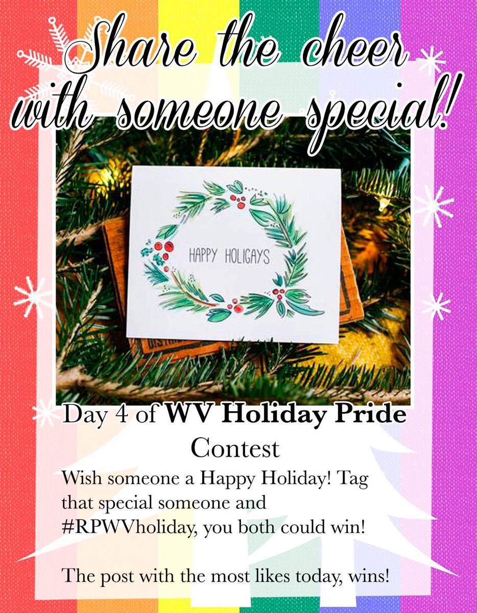 rainbowpridewv's tweet photo. Share the cheer with someone special!
Use #RPWVholidays the post with the most likes TODAY wins!
1 winner each day win a prize package including a t-shirt, hat, stickers and a VIP Meet and Greet pass 4 the next in person Pride Festival https://t.co/3Me8GiHa1Y