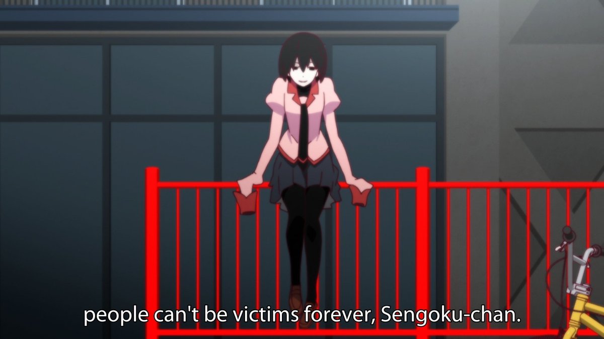 Nadekos first interaction in this arc was with Ougi as Ougi tells Nadeko that she shouldnt play the victim forever, that playing victim is the easiest thing to do and that maybe, there is something that Nadeko should be taking responsibility for that she isnt thinking about.