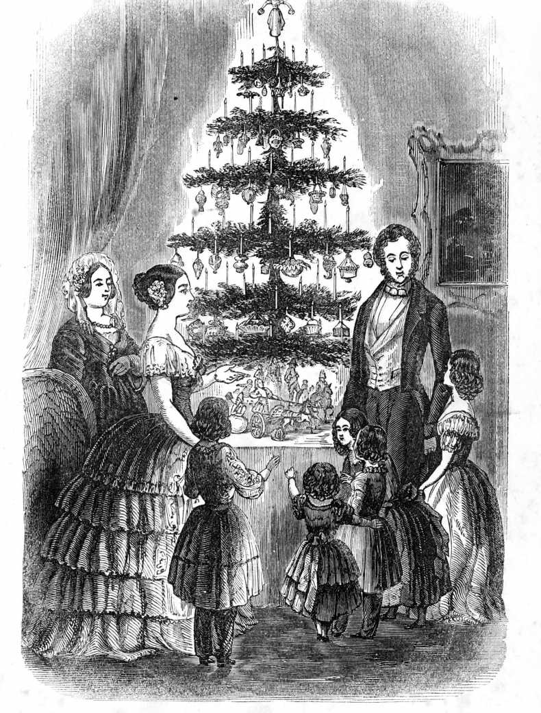The idea of an indoor Christmas tree originated in Germany, where Albert was born. In 1848 the Illustrated London News published a drawing of the royal family celebrating around a tree bedecked with ornaments.