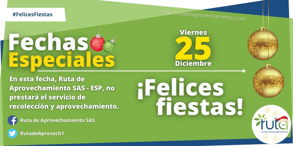 RutadeAprovech1's tweet photo. #FelicesFiestas | Recuerda que hoy, Ruta de Aprovechamiento no prestará el servicio acostumbrado.

Ahora que has abierto tus regalos, es momento que los residuos que generaste los separes de forma adecuada; nosotros nos encargaremos de recogerlos en su momento. https://t.co/F4r15ECS4o