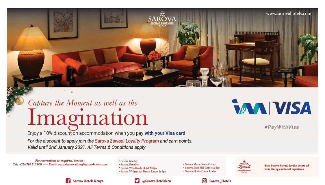 Spend quality time with your loved ones this festive season. Use the code VISA, enroll for Zawadi points and get yourself a 10% discount when you book accommodation at <a href="/SarovaStanley/">Sarova Stanley</a>, <a href="/sarovaPanafric/">Sarova Panafric</a> and <a href="/SarovaWoodlands/">Sarova Woodlands</a> and pay with your I&amp;M Visa card.
Terms and conditions apply