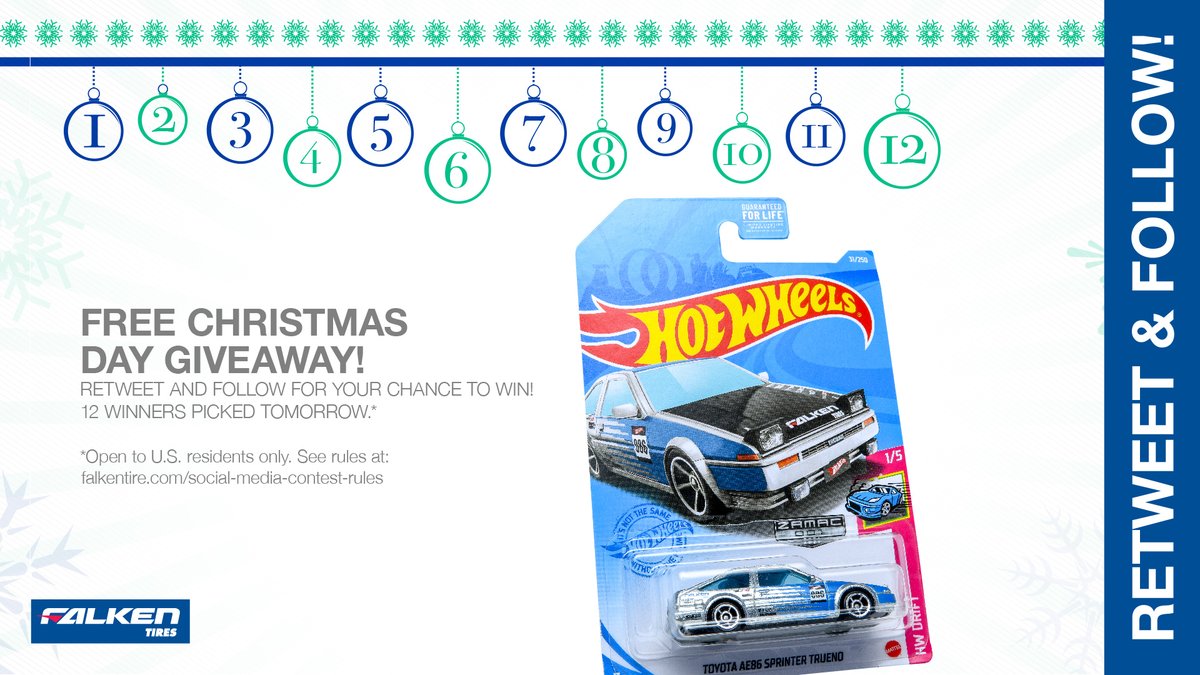 FalkenTire's tweet image. No golden rings, or silver bells. But we have 12 #ZAMAC @Hot_Wheels Falken AE86 for a #Christmas Day #giveaway #contest. RT &amp;amp; follow #FalkenTire to enter to #win this #prize or other #swag! Rules: bit.ly/2grA0A4