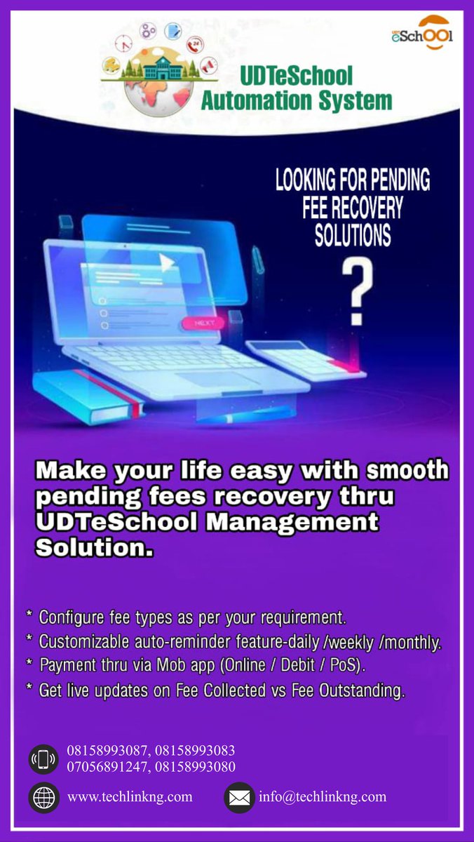 TechLink5's tweet image. Looking For Pending fee Recovery Solutions?
.
UDTeSchool Automation System makes life easy with smooth pending fees recovery through UDTeSchool Management Solutions.
.
Click here: techlinkng.com
to learn more.