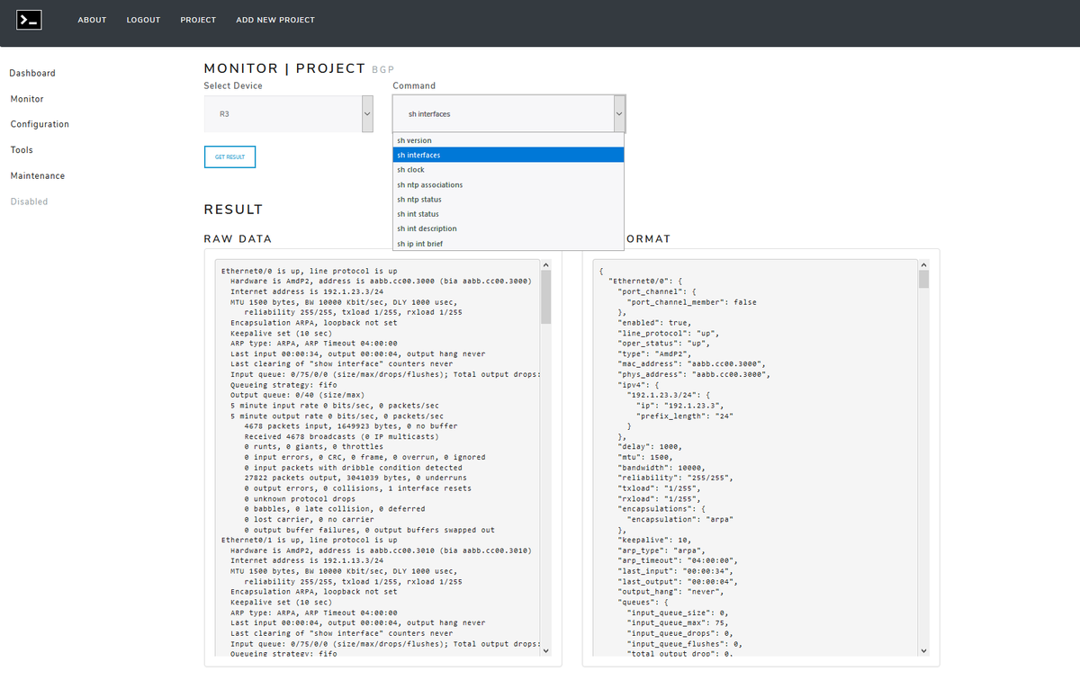 kimdoanh89's tweet photo. Have some fun with the Frontend for my #fastcli backend (using #nornir). The frontend can manage projects with a simple dashboard and monitor page that outputs both raw data and JSON format.
Thanks, @0x2142 for his great blog!
https://t.co/oP307EvmrJ https://t.co/jIvTRfpVIN
