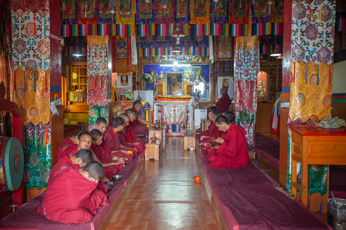 It's only natural that the day at the monastery begins with prayers in dukhang. Daily prayers can be long and elaborate, filled with rituals that combine with sounds of drums and bugles. The novices are required to be at the prayer, while senior monks may be away at other tasks.