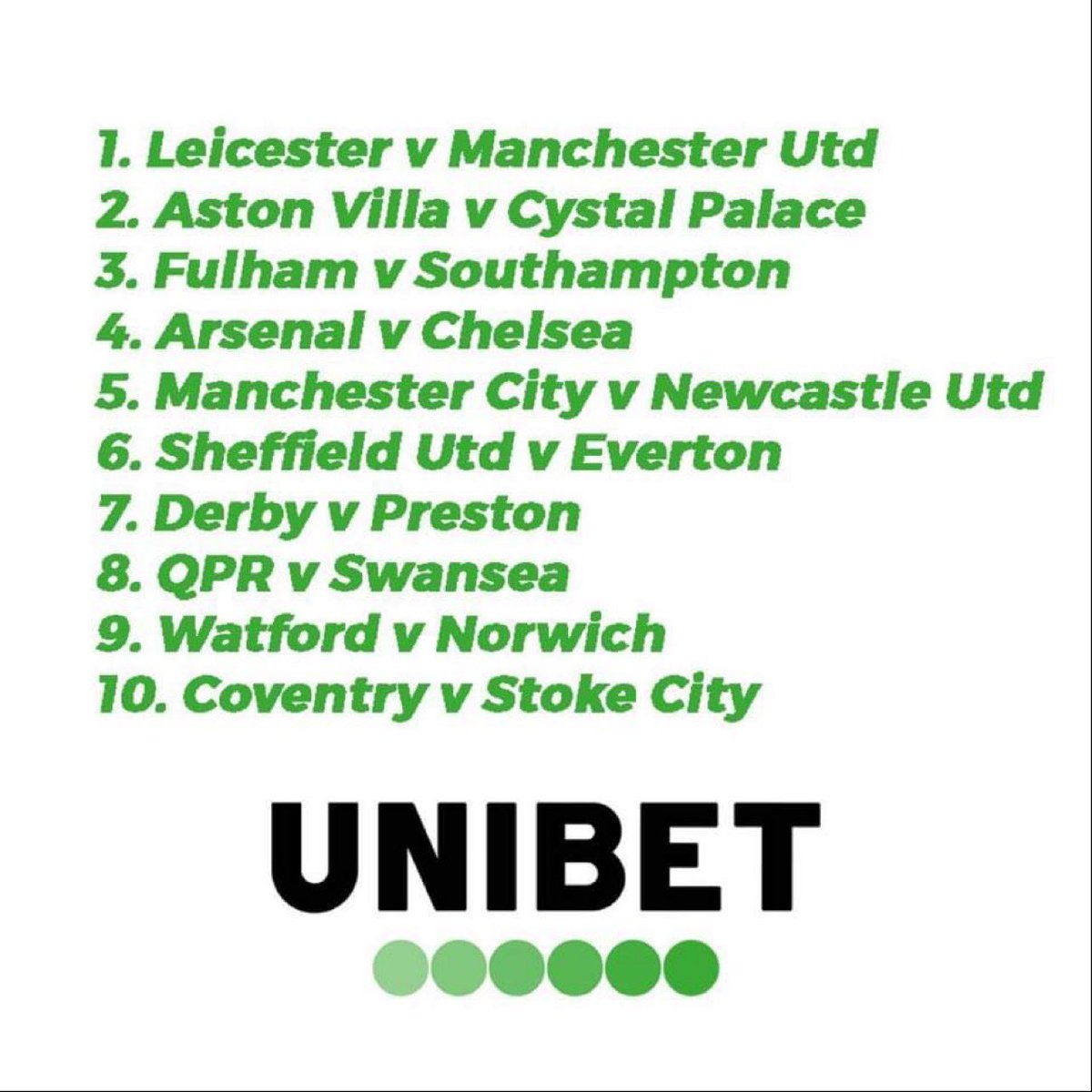 #UNIBONG

Sist var det en som stakk av med 100k. Skjer det igjen?💚

🏴󠁧󠁢󠁥󠁮󠁧󠁿Premier League
🗓Boxing day
⏱13:30

Veldig enkelt og greit👍
1️⃣Svar oss med utfall i alle kampene
2️⃣Retweet + følg oss
3️⃣ #unibong

💰PREMIER💰
7/10 = 500,-
8/10 = 1000,-
9/10 = 5000,-
10/10 = 100.000,-