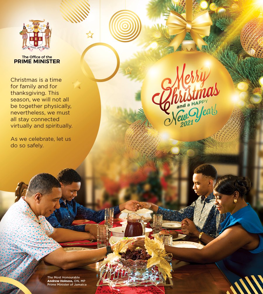 AndrewHolnessJM's tweet photo. Christmas is a time for family and for thanksgiving. This season, we will not all be together physically, nevertheless, we must all stay connected virtually and spiritually. 

As we celebrate, let us do so safely. Merry Christmas! https://t.co/yTqH8191I6