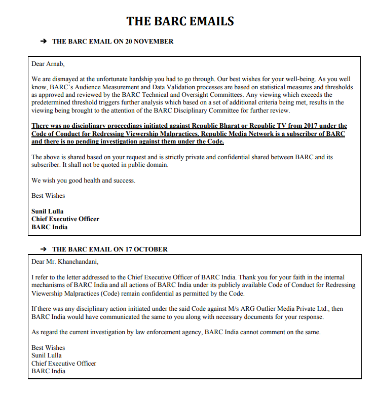 republic's tweet photo. #CantTouchRepublic | BARC has on two occasions written emails to Republic dated 17 October, 2020 and 20 November, 2020 saying there was no question of any manipulation by Republic TV. We are annexing the letters of BARC with this press release. https://t.co/bqSuZpIeTT