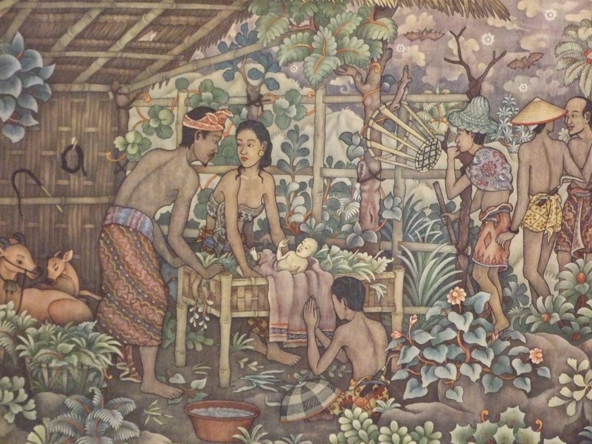 Kelahiran Yesus di Betlehem dalam lukisan Bali karya I Wayan Turun.

Dilukis untuk pasangan pendeta Henk Visch dan Cor Tonsbeek, 1957.