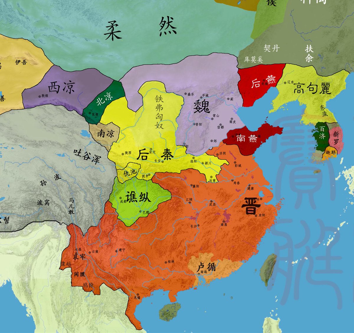 Li Bai himself asserted his descent from Royal Li Clan of Xi Liang (400-421AD purple below ) in his own writings: 本家隴西人，先爲漢邊將 and 白本家金陵，世為右姓。遭沮渠蒙遜之難，奔流鹹秦，因官寓家。少長江漢If we take this claim at face value, then Li Bai related to Tang rulers