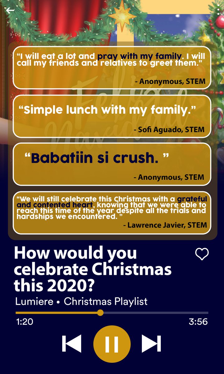 SBCLumiere's tweet photo. In line with this, here are the responses of some Bridgetines on how they would celebrate the birth of Jesus on this day.

Merry Christmas! 🎄❤
All the love from Lumière S.Y. 2020-2021 ✨

(2/3) https://t.co/z9KjZr3W9b