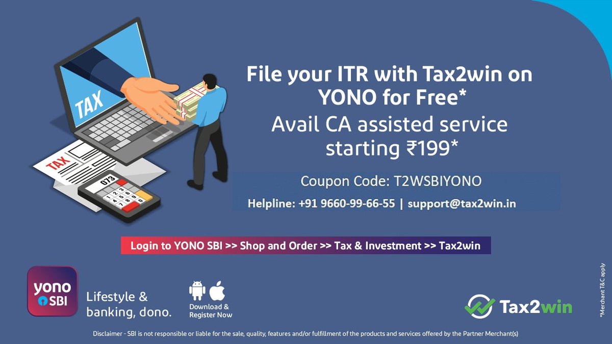 TheOfficialSBI's tweet photo. Saving bhi, ITR filing bhi.
File your Income Tax Return with Tax2win on YONO for free. Visit: https://t.co/NeeHLbI8DP

#SBI #StateBankOfIndia #Tax2Win #YONOSBI #ImcomeTaxReturn #ITR https://t.co/NYotTye6xc
