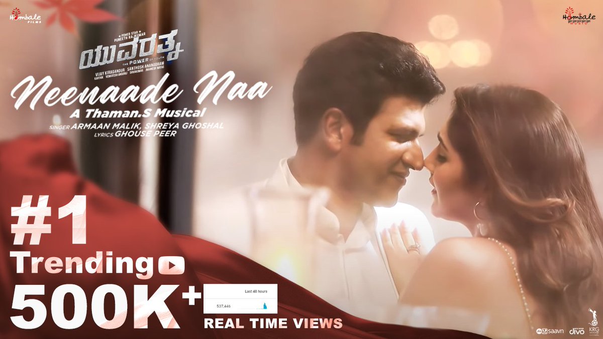 Karthik1423's tweet photo. Where it has to be
#NeenaadeNaa Trending #1
#Yuvarathnaa
https://t.co/j8QvneZSBq
@hombalefilms @PuneethRajkumar @VKiragandur @SanthoshAnand15 @MusicThaman @sayyeshaa @ArmaanMalik22 @shreyaghoshal #GhousPeer https://t.co/PpwDwwrYdF