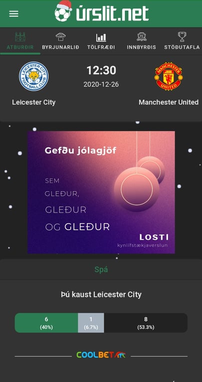 NÝ UPPFÆRSLA! Gleðileg jól, ný og endurbætt uppfærsla af úrslit.net er komin í loftið með skemmtilegum nýjungum.
Dark theme, könnun, stuðlar og mun betri og hraðari virkni. Mikilvægt að refresha browserinn til að fá upp nýja vefinn.