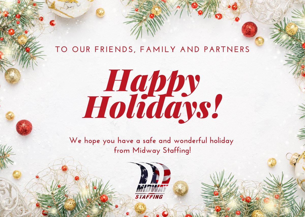 MidwayStaffing's tweet photo. Happy Holidays to you and your families from Midway Staffing! We hope you have a safe and fun-filled holiday this season!
#happyholidays #midwaystaffing #holidayseason https://t.co/YTPTvHX3k8