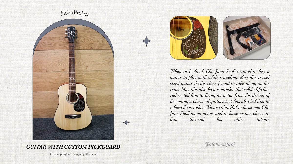chojungseokintl's tweet photo. [GIFT: GUITAR WITH CUSTOM PICKGUARD]

A Cort Ad Mini ¾ acoustic guitar perfect for travel, accompanied by a pickguard with engraving of guitarist Cho Jung Seok. The guitar comes with additional accessories such as a guitar stand, strap, tuner, strings, string winder, and picks. https://t.co/24ohFBR0Pw
