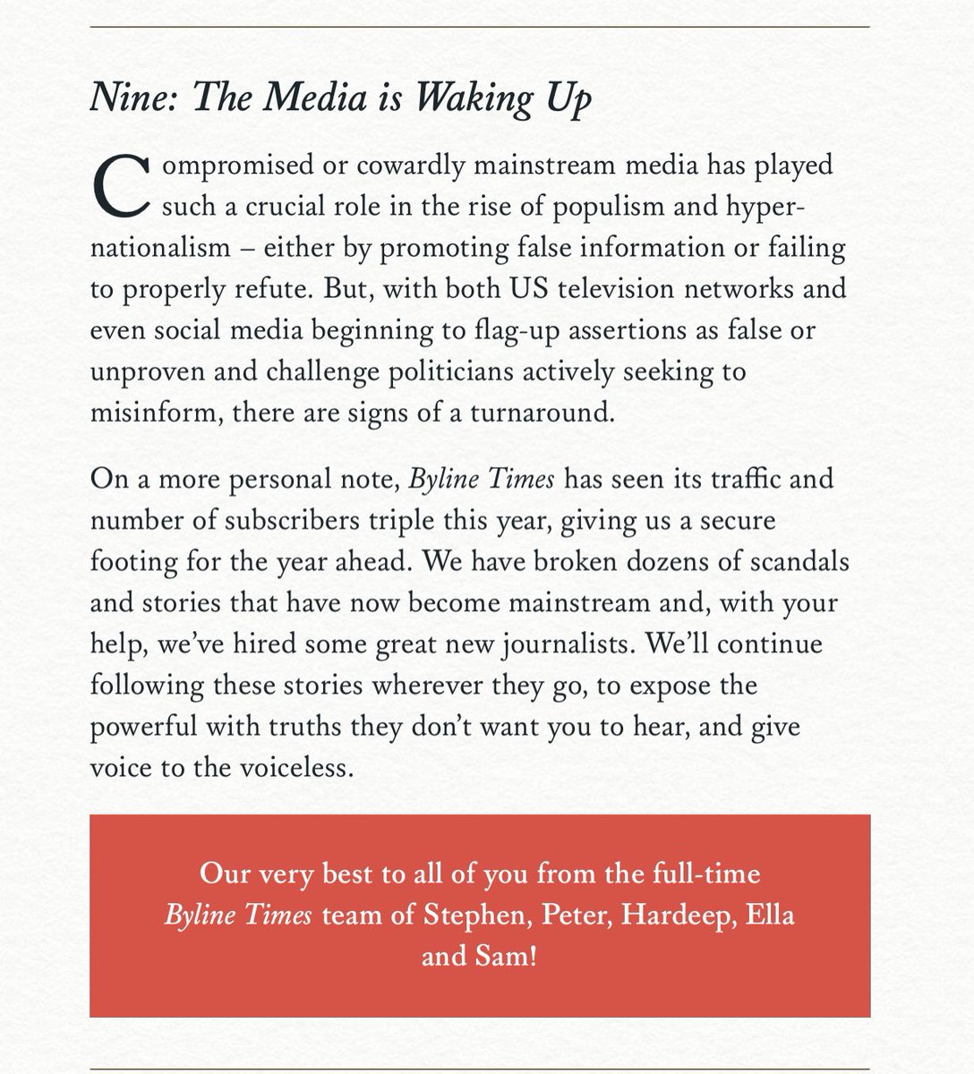 Reasons to be Hopeful 9: The Media is Waking Up https://bylinetimes.com/2020/12/24/byline-times-christmas-cheer-reasons-to-stay-hopeful/Festive Greets to all of you from Stephen, Peter, Hardeep, Ella, Sam and Adrian at the core Byline Times team