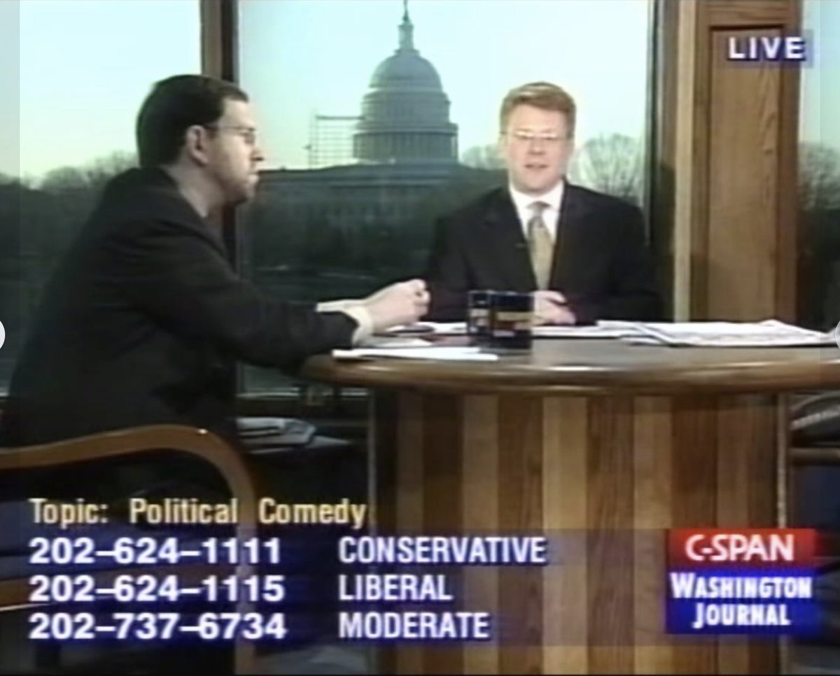 HowardMortman's tweet photo. #CHRISTMASFLASHBACK
On December 25, 1999, @cspanwj did a segment on political comedy.
C-SPAN host: "What is Extreme Mortman?"
C-SPAN guest: "Extreme Mortman is my nom de plume. I don't know what that means. I just like saying that a lot."
https://t.co/osFiB74pmR https://t.co/kfMayj6Z9N