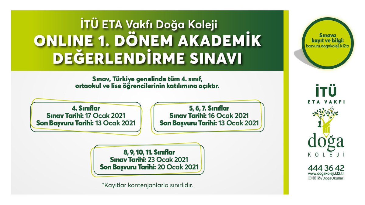 Doğa Koleji Çiğli Kampüsü (@dogacigli) on Twitter photo İTÜ ETA Vakfı Doğa Koleji Online 1. Dönem Akademik Değerlendirme Sınavı başvuruları başladı!
Sınava kayıt ve bilgi için 👇
basvuru.dogakoleji.k12.tr <a href="/zzaferulusoy/">Zafer Ulusoy</a> <a href="/Glrbci/">Gül Arabaci</a> <a href="/KvancBarlas/">Kıvanç Barlas 🇹🇷</a> <a href="/AliRizaLule/">Ali Rıza Lüle</a> <a href="/SibelIzgiman/">Sibel İzgiman</a> İTÜ ETA Vakfı Doğa Koleji Online 1. Dönem Akademik Değerlendirme Sınavı başvuruları başladı!
Sınava kayıt ve bilgi için 👇
basvuru.dogakoleji.k12.tr <a href="/zzaferulusoy/">Zafer Ulusoy</a> <a href="/Glrbci/">Gül Arabaci</a> <a href="/KvancBarlas/">Kıvanç Barlas 🇹🇷</a> <a href="/AliRizaLule/">Ali Rıza Lüle</a> <a href="/SibelIzgiman/">Sibel İzgiman</a>