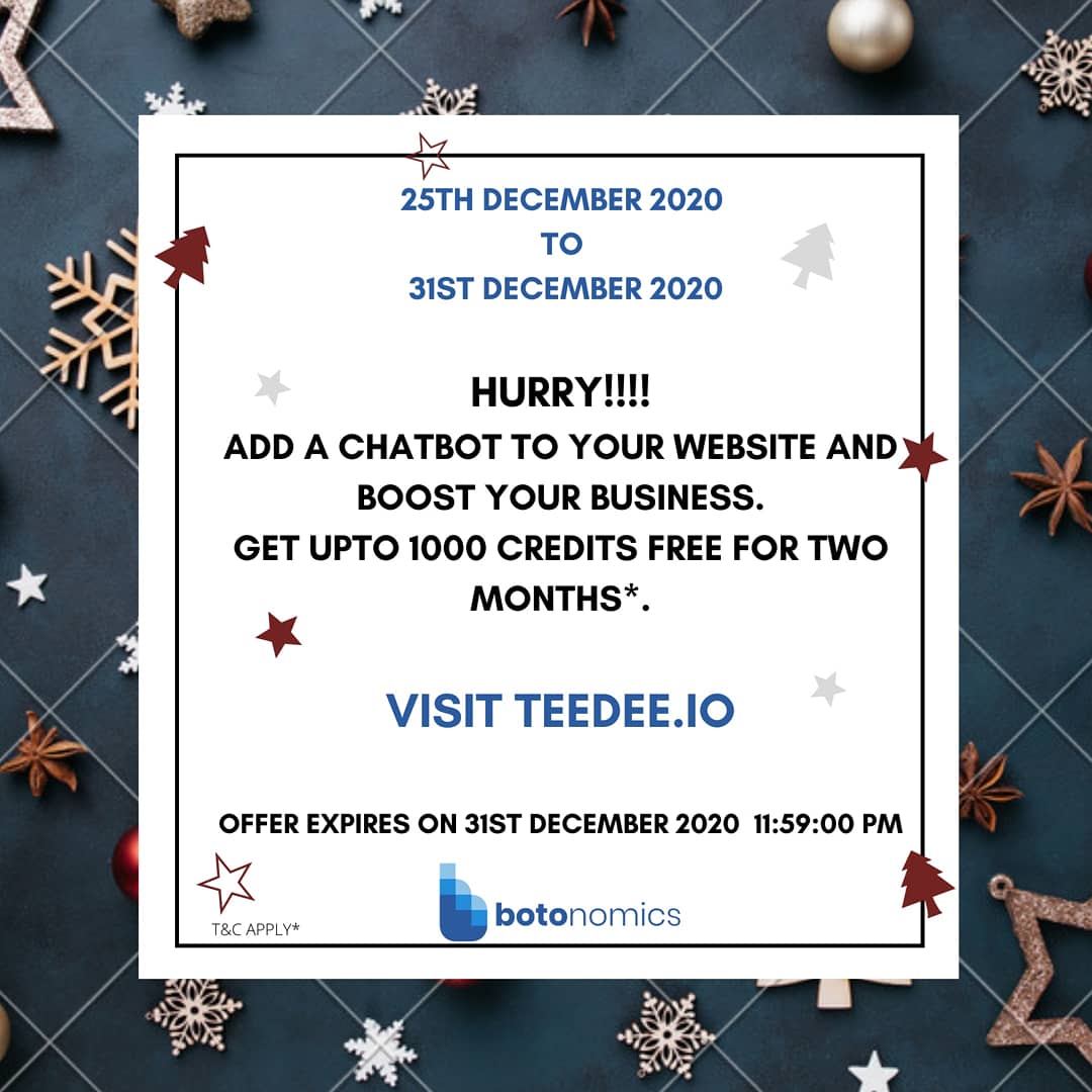 botonomics's tweet photo. Botonomics wishes you all a merry christmas!!
This christmas, boost your business with a chatbot. Visit https://t.co/gukNCmQn8U today and claim your offer.
Hurry!!!!!
.
.
#teedee #botonomics #Christmas2020 #Christmas #ChristmasSale #chatbots #chatbotdevelopers #machinelearning https://t.co/ynbspF6O19