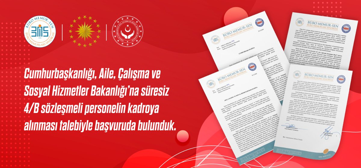 BuroMemurSen_'s tweet photo. 4/B Sözleşmeli Personelin Kadroya Alınmasını Talep Ettik

Cumhurbaşkanlığı ile  Aile, Çalışma ve Sosyal Hizmetler Bakanlığı’na süresiz 4/B #sözleşmelipersonel in #kadro ya alınması talebiyle başvuruda bulunduk.

🔀 Haber için tıklayınız; https://t.co/J3lz4WDx64 https://t.co/9mHEYuogeL