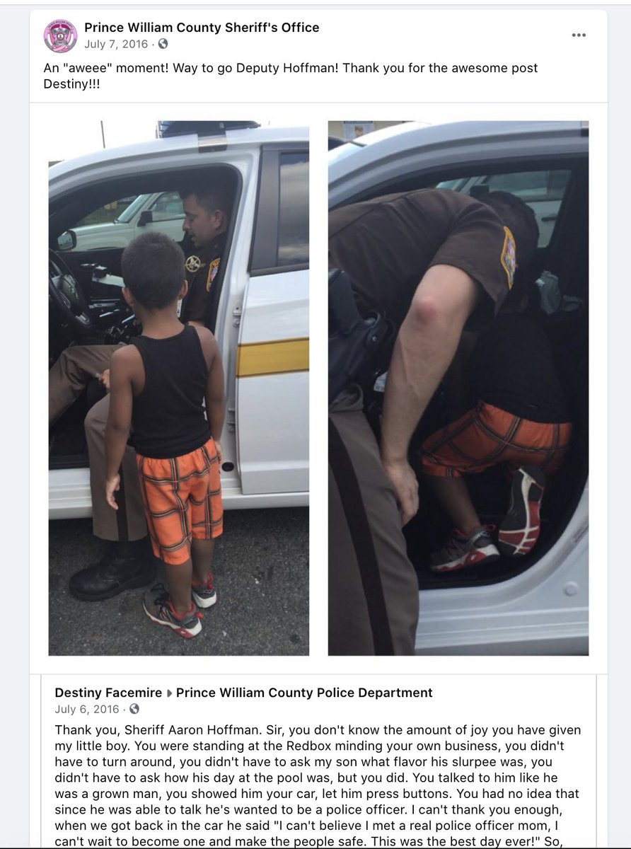 here's a bit of copaganda from the prince william county sheriff's department's facebook page with deputy aaron hoffman letting a little boy push some buttons in his cruiser.