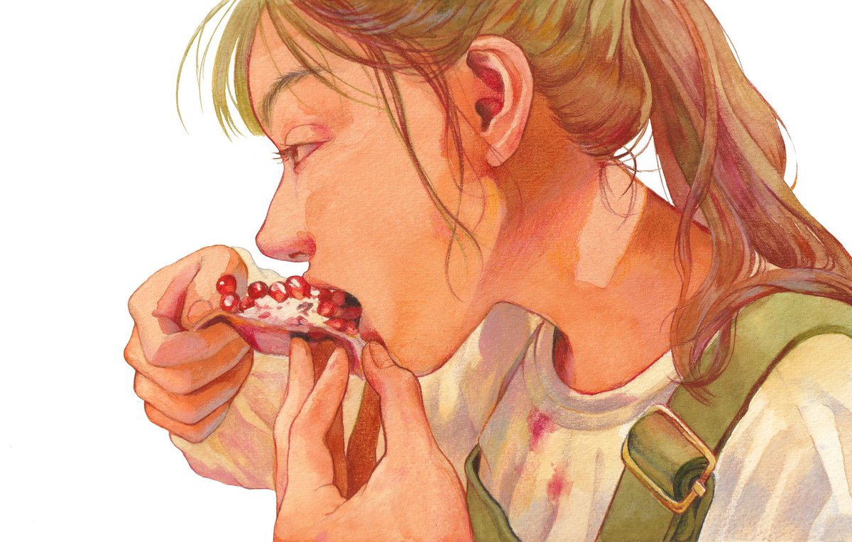 1girl ponytail brown hair white background eating food profile  illustration images
