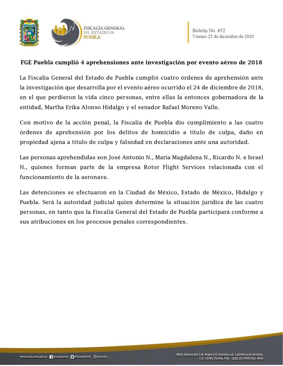 FiscaliaPuebla's tweet image. La @FiscaliaPuebla cumplió 4 aprehensiones ante la investigación desarrollada por el evento aéreo ocurrido el 24 de diciembre de 2018, en el que perdieron la vida cinco personas. La autoridad judicial determinará su situación jurídica.

Detalles: bit.ly/3pnvwrN