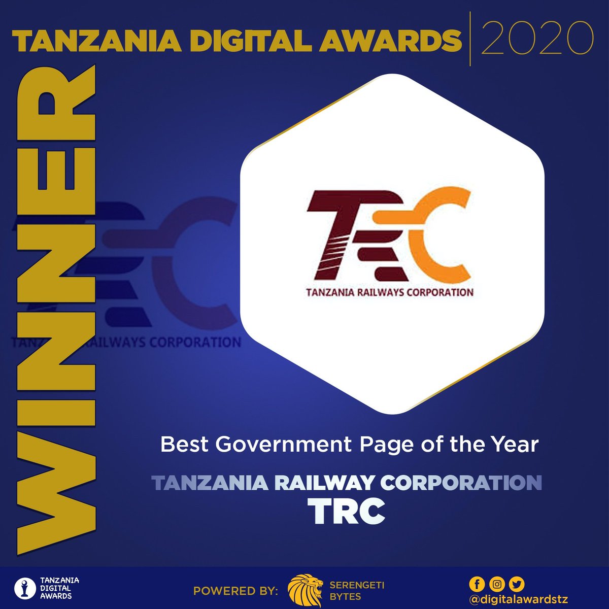 Feeling proud as part of the team to be honored this; Today @DigitalAwardsTZ has announced @tzrailways as Best Government Page of the Year 2020. #DigitalAwardsTZ2020 Cc. @SerengetiBytes @KennedyMmari