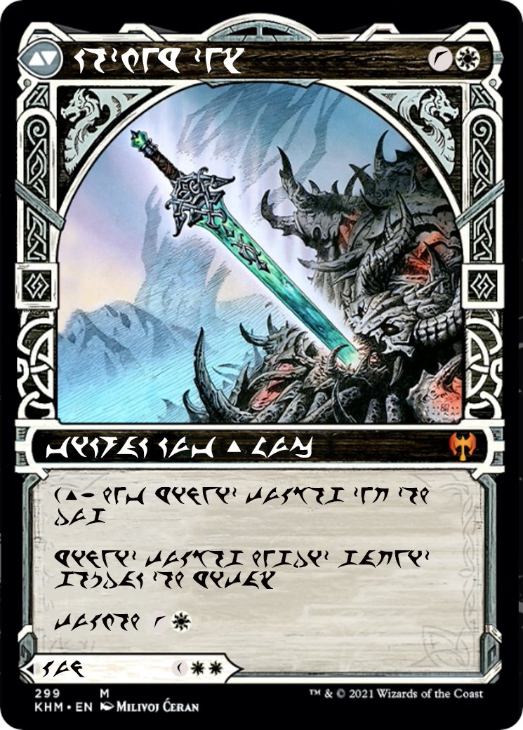 mangledpixel's tweet photo. With #Kaldheim set to be the most metal of MTG expansions, I had the odd compuction to translate some cards into Klingon, so here's "Halvar, God of Battle // Sword of the Realms", or "Halvar may' Qun // qo'mey 'etlh". #MTG #tlhIngan https://t.co/S0IgNuKjq7