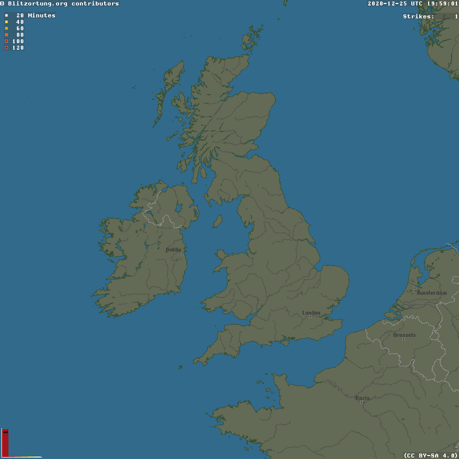 Latest update of UK temperatures, wind, satellite image (showing cloud cover), and lightning activity.