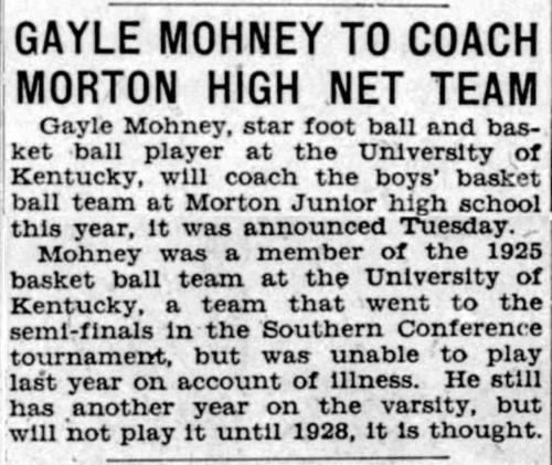 Mohney was highly regarded (later named Senior Class President) & actually was on the committee which ended up hiring a coach for the season (Basil Hayden). Mohney ended up coaching the Morton Junior High basketball team that season while he recuperated.