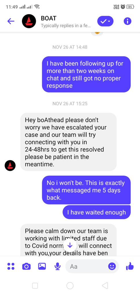 SheikhNsr's tweet photo. @BoatNirvana @TheAaryanKartik @TSeries @themillind Worst experience with boat. 
I have been trying to highlight my disappointed with boat customer service on boat Facebook page as i have been waiting for more than 2 months for my boat speaker repair pickup. 
Check the date in pic https://t.co/gMqq3OBOQi