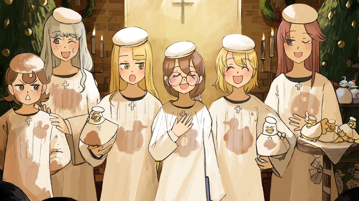 clumsy nun (diva) ,spicy nun (diva) blonde hair duck multiple girls white robe brown hair catholic ^ ^  illustration images