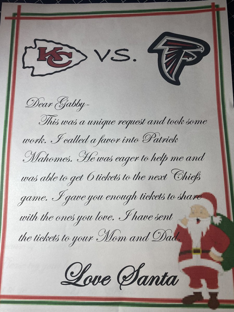 Lmain44's tweet photo. Santa called in a favor to @PatrickMahomes Our biggest @Chiefs fan is getting her dreams fulfilled this Sunday. She is going to her first chiefs game to see her favorite quarterback play. All she wanted was to see Patrick. #girlslovefootballtoo #Christmas2020 #christmaswishes https://t.co/HtrL6ZbUcV