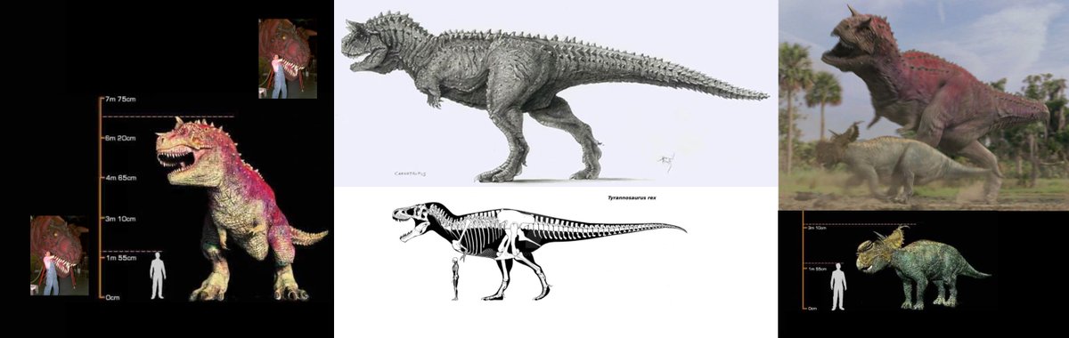 We know the Carnotaurus in Disney's Dinosaur was massive, but one of the two that we see in the rest of the film was especially BIG. Tried to scale it next to a T. rex (image by Franoys) based on Krentz's concept, the Dinosaurs ride sculpture, and the herbivores of the film.
