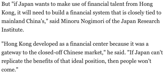 Tokyo has made very clear their intent to develop as the next financial Hub in Asia and for this they'd need to dramatically step up their game. Intent that would even go as far as to replace Hong Kong in that gateway to Chinese market role.  https://twitter.com/Portello16/status/1333053773325996037?s=20