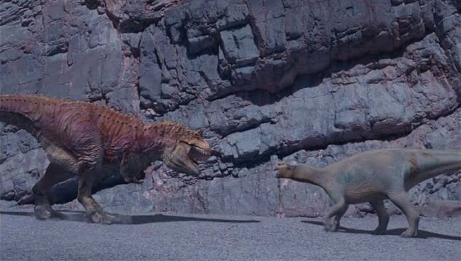Although it's pretty hard to tell, because they pretty much used the same model for each Carnotaurus, based on the size of the herbivores next to it, the one surviving member in the final act of the film is likely the smaller one, but it's still around the size of a T. rex.