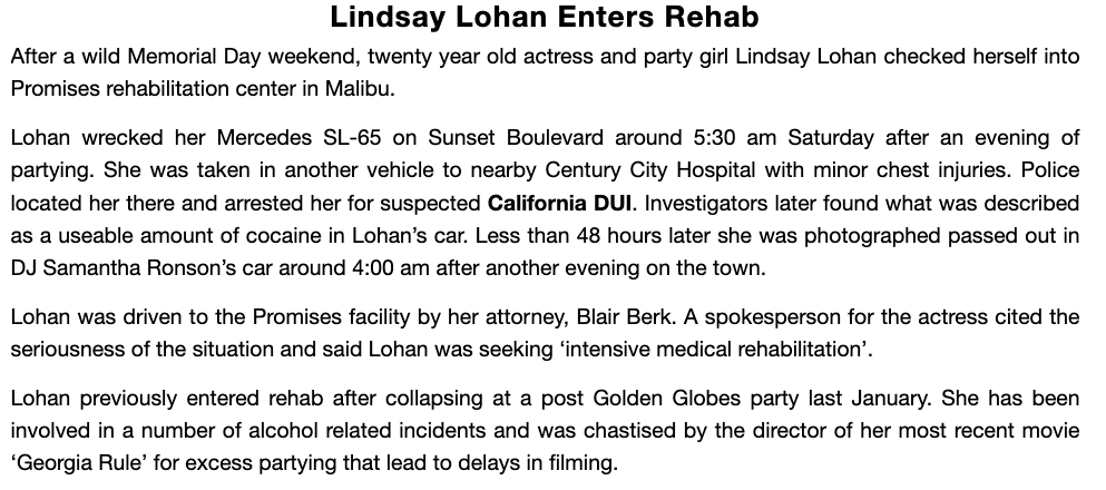 In fact, Blair Berk drove Lindsay Lohan to Promises rehab center, the same one Britney checked in and out of before visiting her in 2007.  #FreeBritney