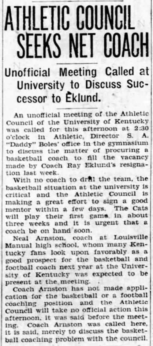 With three weeks before their scheduled 1st game against Cincinnati, the UK athletic board was in scramble mode to find a new coach. Early contender was Louisville duPont Manual high school coach Neal Arnston.