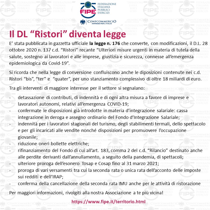 Il #DLRistori diventa legge
fipe.it/igiene-e-sicur…
Per maggiori informazioni, rivolgiti alla nostra Associazione a te più vicina!
fipe.it/territorio.html