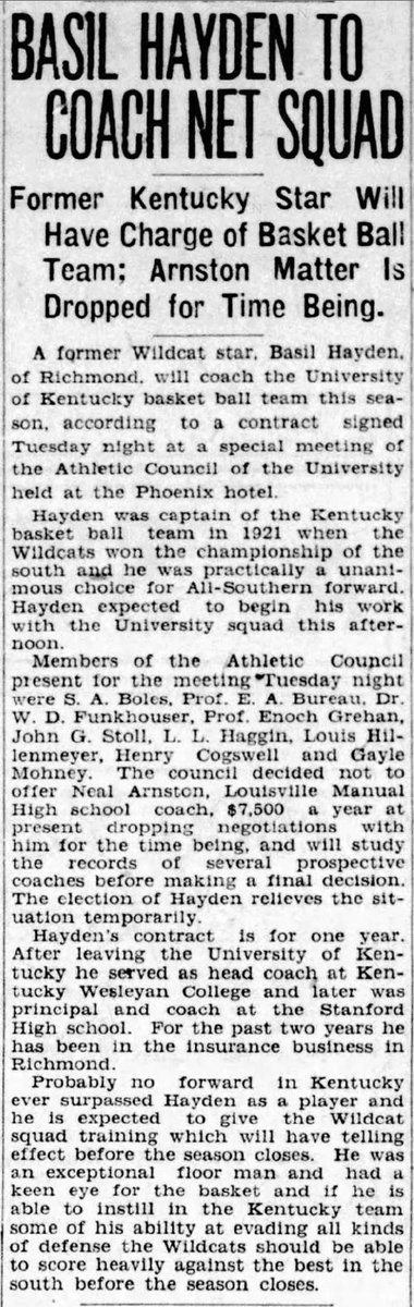 In scramble mode, the committee hired former UK player (& 1st All-American) Basil Hayden to a short-term contract. ($300 a month for 3 months) as a stop-gap measure.Hayden had coached at Kentucky Wesleyan & Stanford KY HS but had since moved on to selling insurance in Richmond.