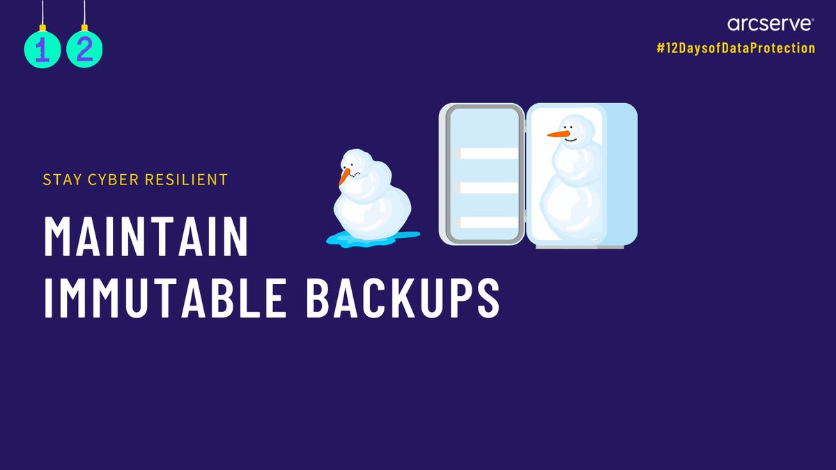 Arcserve's tweet photo. Whether you’ve suffered a #ransomware attack or faced a snowstorm, having immutable #backups helps prevent #dataloss.❄️ Also, they’re great for meeting compliance regulations and historical #data retention. Check out more tips here https://t.co/dKVlukMP1a #12DaysofDataProtection https://t.co/V5Z1veeRPE