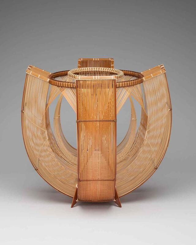 some contemporary japanese basketry at  @TAImodern — 'meditation' by higashi kiyokazu, 'aster' by kawano shoko, 'flower bud' by tanabe kochikusai, 'dance' by yamaguchi ryuun