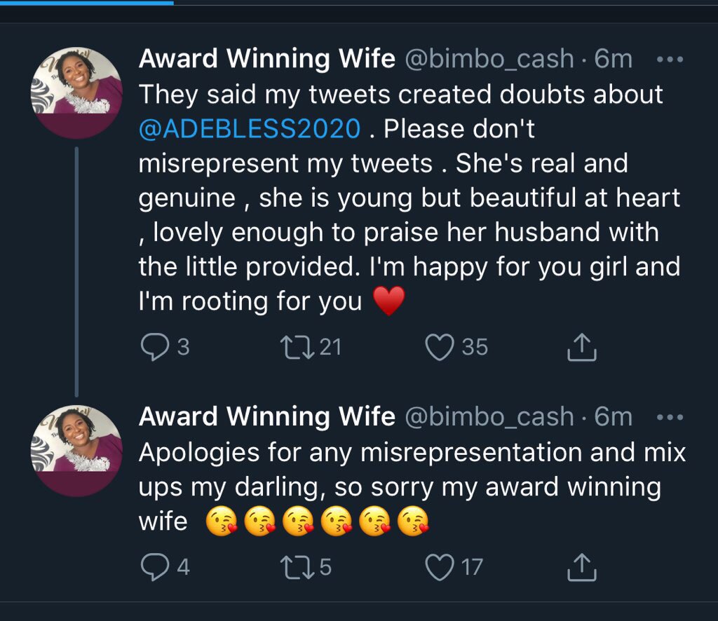Afolabi W Babs She Said And I Quote Apologies For Any Misrepresentation And Mix Ups My Darling So Sorry My Award Winning Wife What Do We Call The Second Tweet
