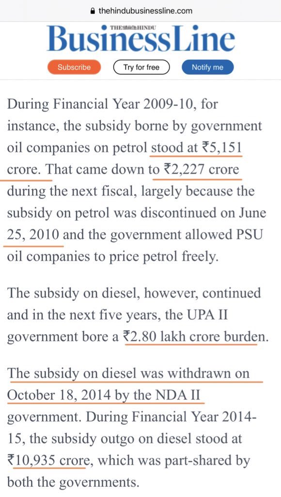 UPA II அரசாங்கம் நேரடி மானியங்கள் மற்றும் எண்ணெய் பத்திரங்கள் மூலம் எரிபொருள் ₹2.5 லட்சம் கோடி மானியம் செலுத்தியது.தற்போதைய அரசாங்கம் 2014 டிசம்பரில் டீசல் மானியத்தை நிறுத்தியது மற்றும் LPG மானியத்தை மட்டுமே அனுமதித்துள்ளது. (12 / n)