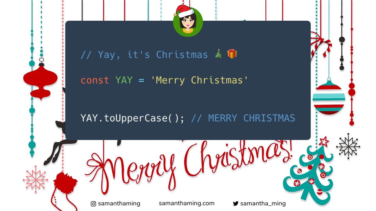 #CodeTidbits30 Day 25 🎄 Merry Christmas! I’ll keep this short so you can get on your merry way. 'toUpperCase()' is a method that convert all letters to uppercase ￼ #MerryChristmas #Christmas