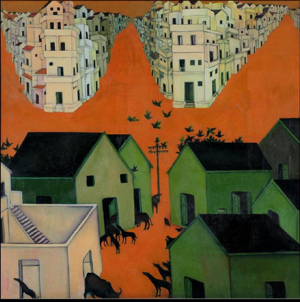 indianart101's tweet photo. “Speechless city”, a 1974 painting by artist Ghulam Mohamed Sheikh. It depicts a deserted city . Painted to protest the Emergency rule of Indira Gandhi when  citizens were denied  freedom of speech. It is a haunting portrayal of a society bereft of those rights that make us human https://t.co/i5uFjbh9lf