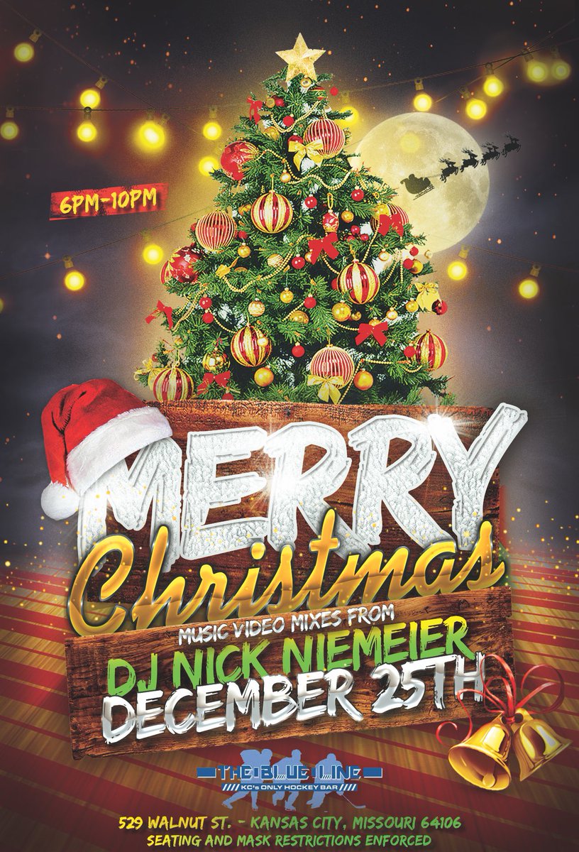 DJNickNiemeier's tweet photo. Merry Christmas #KansasCity! 🎅🏼 

I’m spinning music video mixes tonight at @thebluelinekc from 6pm-10pm! Come have a few drinks with us after all of your #Christmas festivities! 🎄🍻 https://t.co/9XSlO88zai