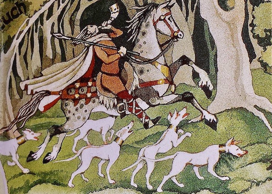 3) From there it was not a great leap for Rhŷs to associate Gwyn with the hounds of a third character, Arawn, the King of Annwn. When Arawn appears in the First Branch of the Mabinogi he is accompanied by hounds that “were a gleaming shining white, and their ears were red.” /10